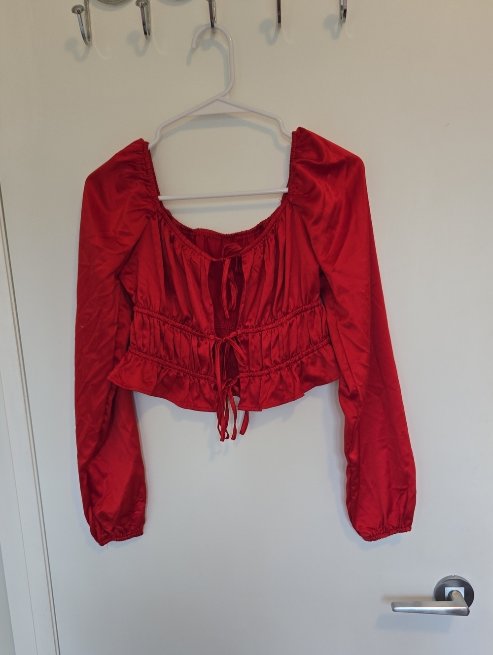 3/$10 Women’s Red Ruched Peasant Blouse with Tie Front